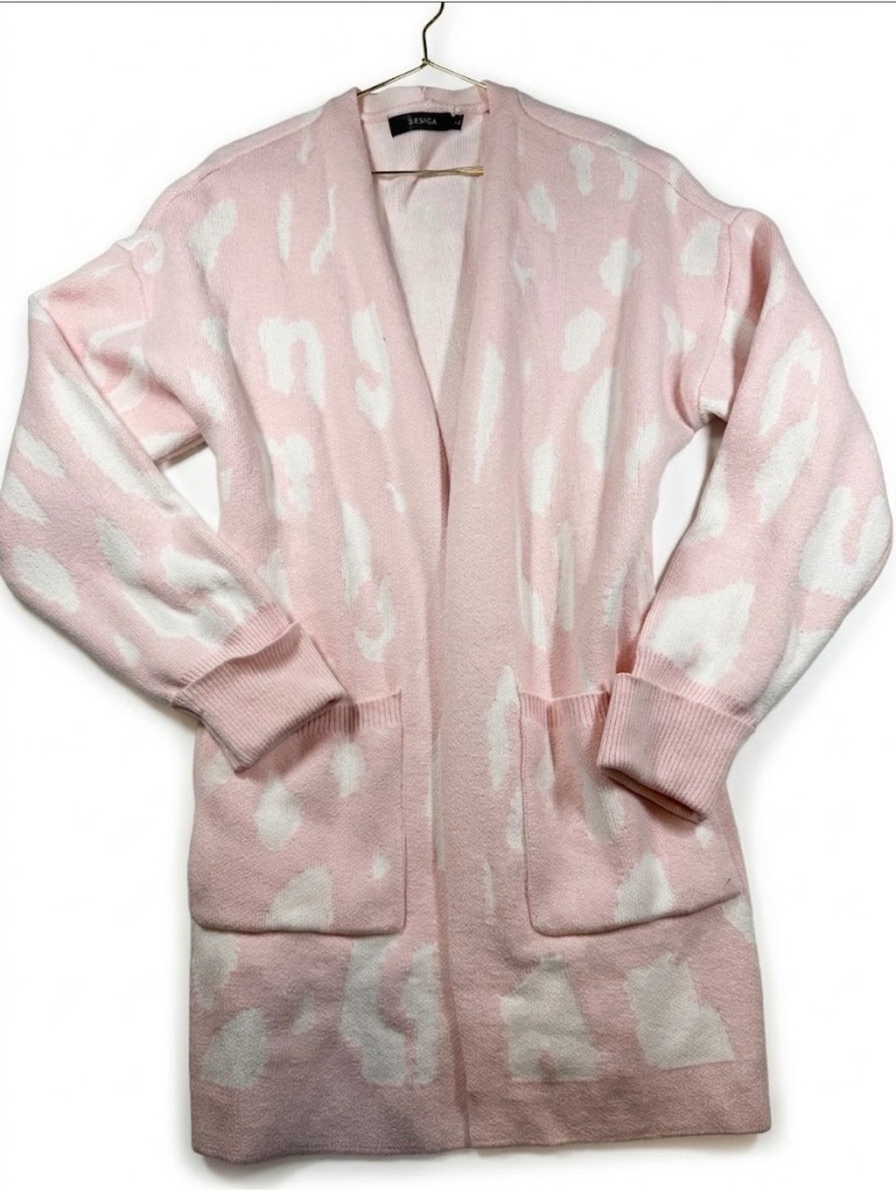 Zesica Pink Leopard Print Open Front Long Cardigan Sweater Size L